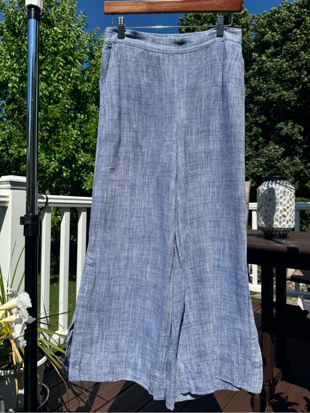 Chelsea and Theodore Light Blue Wide Leg Linen Blend Pants